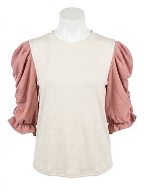 NEW VOY color block puff sleeve top in pink and white